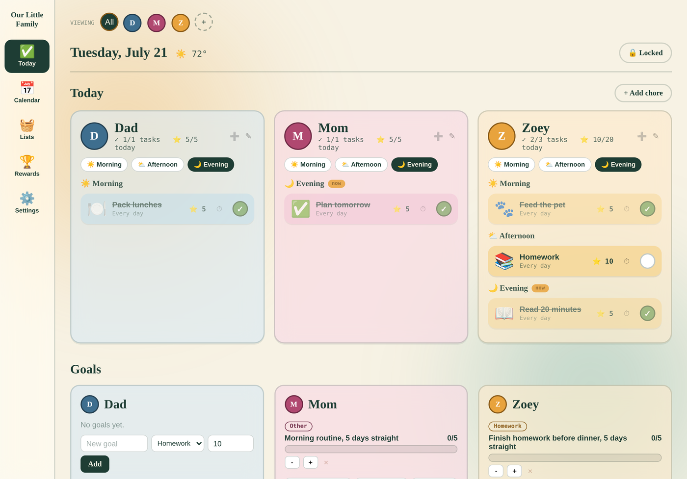 Our Little Family Today dashboard on iPad, showing chores grouped by morning, afternoon, and evening for each family member